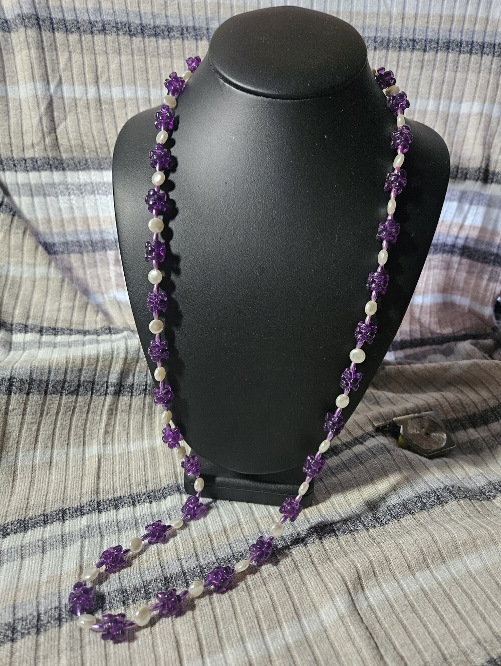 Vintage Handmade Beaded Purple and Pearl Long Necklace